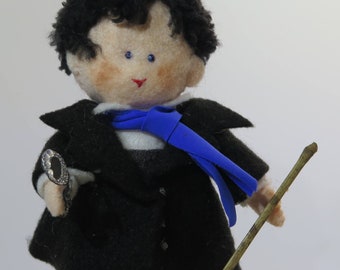 Sherlock Famous English Detective Film Doll OOAK - Handmade unique felt character with blue scarf and magnifying glasses