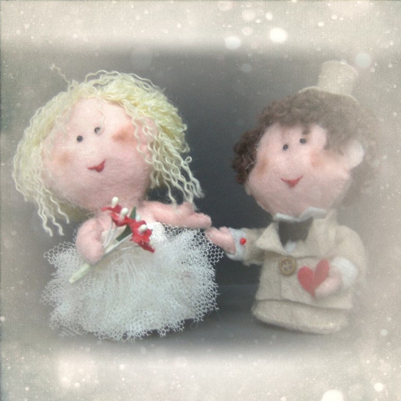 Cute custom wedding cake topper with bride and groom dolls personalized OOAK marriage felt decoration gift image 2