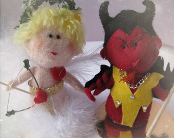 Custom wedding cake topper - angel and devil bride and groom handmade - OOAK felt sculpture made to order