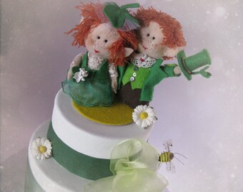 St Patricks Leprechaun wedding cake topper - Irish Bride Groom handmade felt dolls - Bridal OOAK Custom orders welcome - Hand Made in France