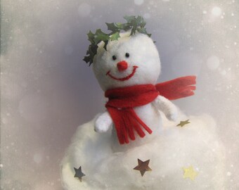 Snowman Cake topper Ornament Felt Sculpture - handmade felt doll for Christmas Cake topper keepsake softie - Hand Made in France