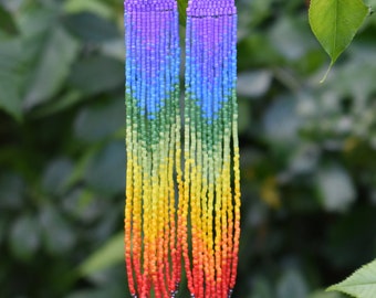 Rainbow PRIDE Fringe Earrings made with Seed Beads on Niobium Earwires, Tye Dye Look Fringe Earrings
