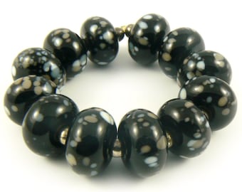 Black Organic Lampwork Bead - Handmade Lampwork Beads - Set of 12 Beads - Glass Beads, Rock, Grey, Spacer, Destash, Sale - MadeByFire