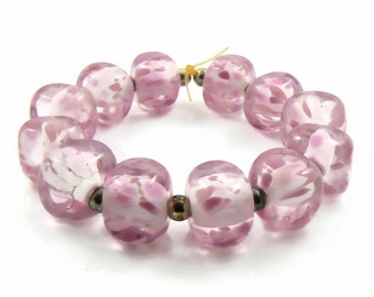 Pink Roses Cube Beads - Handmade Lampwork Beads - Set of 12 Beads - Rose, Flower, Spring, Sweet, Spacer Bead, Sale - MadeByFire