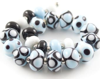 Blue White and Black Pola Dot Lampwork  Beads - Handmade Lampwork Beads - Set of 23 Beads - Blue, Ocean, black, Sale, Destash - MadeByFire