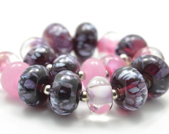Violet and Pink Orphan Lampwork Beads - Set of 17 Beads - Pink, Lampwork Destash, Bead Sale, Summer - MadeByFire