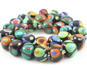 Polka dot lampwork cube beads - set of 30- happy retro dots - MadeByFire