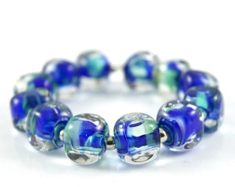 Mystic Deep Lapis Blue Cube Handmade Lampwork Beads - Set of 12 pc -  Green, Blue, Pebble, Organic, Cube, Sea, Ocean, Beach - MadeByFire