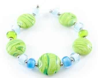 Green and Blue Orphan Lampwork Beads - Handmade Lampwork Beads - Set of 15 Beads - Lentil Beads, destash, Spacer Beads, Sale - MadeByFire