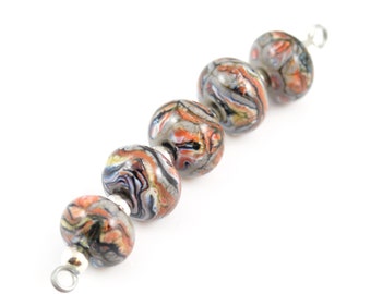 African Red Jasper Striated Lampwork Beads - Set of 5 Beads - Handmade Lampwork Beads - Coral, Grey, Organic, Glass, Spacer - MadeByFire