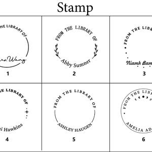 May include: A collection of six personalized library stamps with the text "From the Library of" in a circular design. Each stamp features a different name, including Mrs. Wang, Abby Sumner, and Amelia Adams, with decorative elements.