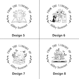 May include: Four black and white designs for library stamps. Each design features the text "From the Library of Abby Sumner" in a circular arrangement. Designs include a cat on a book, a cat with books, a ghost with books, and mushrooms with butterflies.