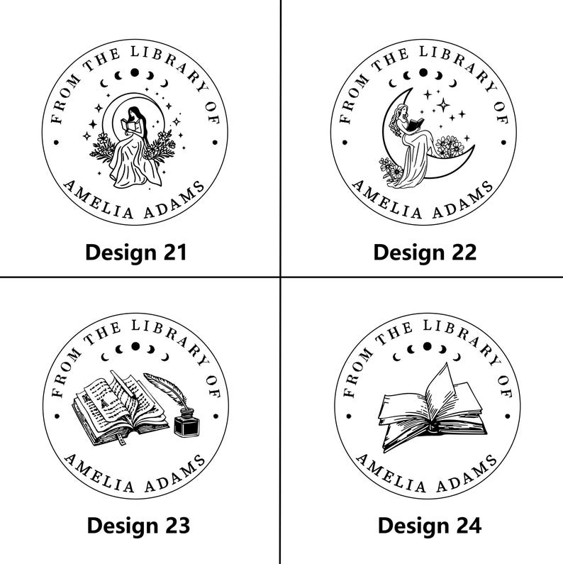May include: Four circular designs featuring the text "FROM THE LIBRARY OF AMELIA ADAMS". Each design includes illustrations of a woman reading, a crescent moon, stars, books, and a quill. The designs are labeled "Design 21", "Design 22", "Design 23", and "Design 24".