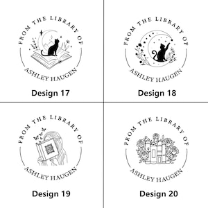 May include: Four black and white circular designs featuring the text "From the Library of Ashley Haugen." Each design includes illustrations of a cat, books, a girl with butterflies, and flowers. The designs are labeled "Design 17," "Design 18," "Design 19," and "Design 20."