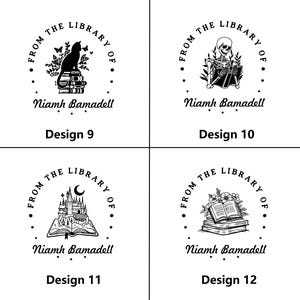 May include: Four black and white designs featuring the text "From the Library of Niamh Bamadell." Designs include a cat on books, a skeleton reading, a castle, and an open book with flowers. Each design is labeled with a number.