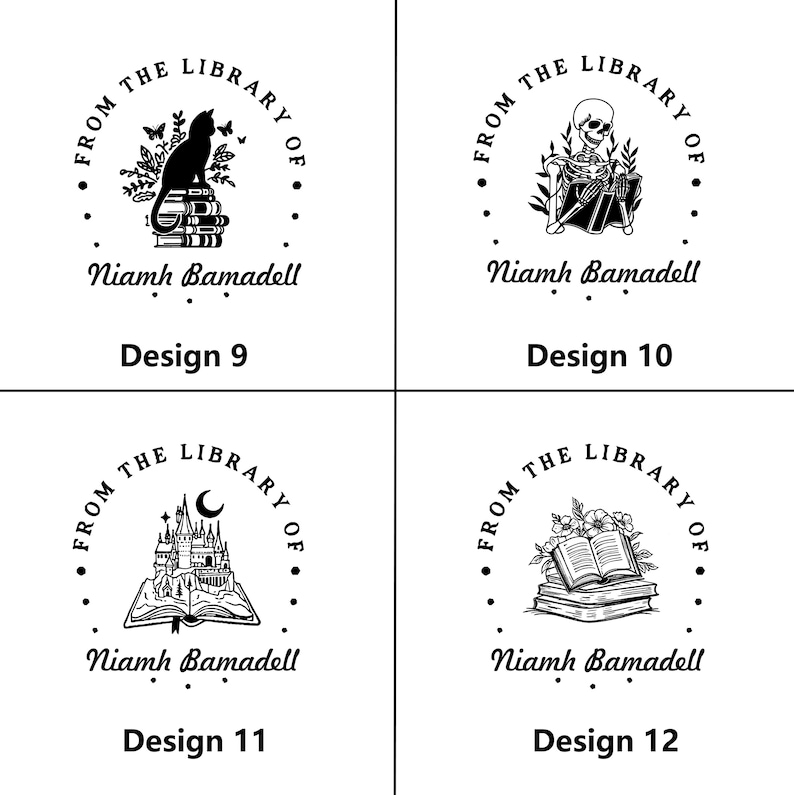 May include: Four black and white designs featuring the text "From the Library of Niamh Bamadell." Designs include a cat on books, a skeleton reading, a castle, and an open book with flowers. Each design is labeled with a number.