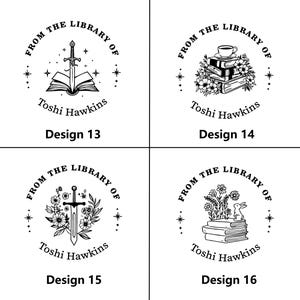 May include: Four black and white library stamp designs. Each design features the text "FROM THE LIBRARY OF Toshi Hawkins". Design 13 shows a sword over an open book. Design 14 has a teacup on books. Design 15 has a sword and flowers. Design 16 has a rabbit.