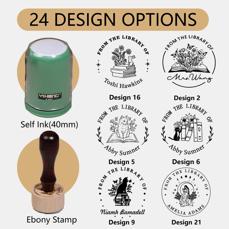 May include: Image features a green self-inking stamp (40mm) and an ebony stamp. The image also displays 24 design options with the text "FROM THE LIBRARY OF" and various names and illustrations, including books, cats, and a raven.
