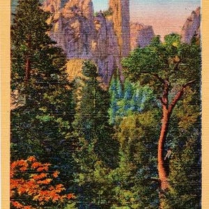 Carte postale californienne vintage - flèches de cathédrale dans la vallée de Yosemite, parc national de Yosemite (inutilisé)