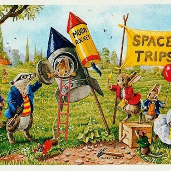 Vintage Medici Society Postcard - The Moon Rocket -- Artist Signed, Racey Helps (Unused)