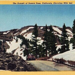 Carte postale californienne vintage - Route panoramique jusqu'au sommet du col de Sonora (non utilisée)