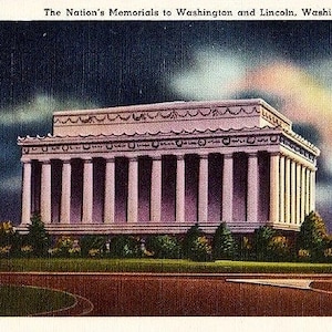 Carte postale vintage de Washington DC - Le Lincoln Memorial et le Washington Monument au clair de lune (inutilisé)