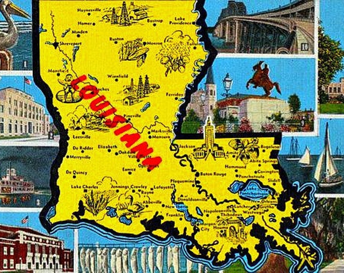 Vintage Louisiana Postcard Map of Old Louisiana unused Etsy