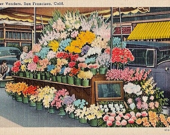 Vintage California Postcard - Sidewalk Flower Vendors in San Francisco (Unused)