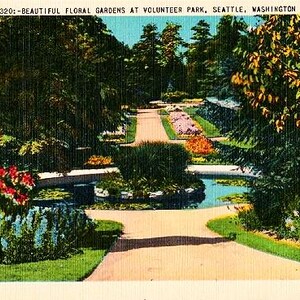 Carte postale vintage de l'État de Washington - Jardins floraux à Volunteer Park, Seattle (inutilisé)