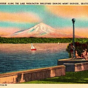 Carte postale vintage de l'État de Washington - Lac Washington et mont Rainier, Seattle (inutilisé)
