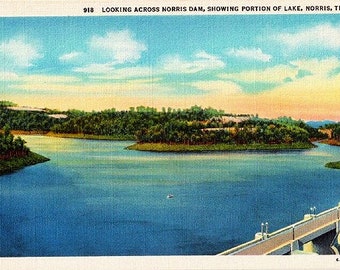 May include: Vintage postcard depicting a scenic view of Norris Lake in Tennessee. The image shows a blue lake surrounded by green trees and a bridge in the foreground. The sky is a mix of blue and yellow. Text reads: "LOOKING ACROSS NORRIS DAM, SHOWING PORTION OF LAKE, NORRIS, TENN."