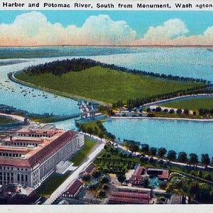 Carte postale vintage de Washington DC - Le port de Washington et le fleuve Potomac depuis le Washington Monument (inutilisé)