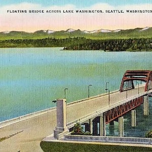 Carte postale vintage de l'État de Washington - Le pont flottant du lac Washington, Seattle (inutilisé)