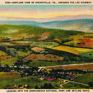 Carte postale vintage de Virginie - Sperryville et la Lee Highway entrant dans le parc national de Shenandoah (inutilisé)