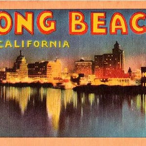 Carte postale californienne vintage - Long Beach la nuit (inutilisée)