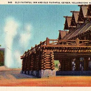 Carte postale vintage du parc national de Yellowstone - Old Faithful Inn and Geyser (inutilisé)