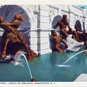 Carte postale vintage de Washington DC - La fontaine de la cour de Neptune à la Bibliothèque du Congrès (inutilisé)
