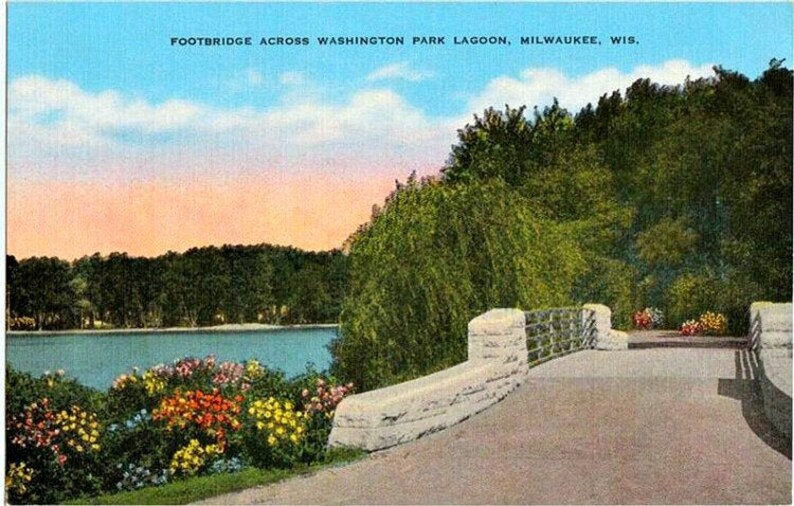 Download Souvenirs Events Unused Vintage Wisconsin Postcard Footbridge Across Washington Park Lagoon Milwaukee Art Collectibles