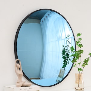 Blue Tinted Convex Mirror With Black Metal Frame | Handcrafted Wall Mirror | Space Age Inspired Tinted Glass Mirror | Unique Blue Mirror