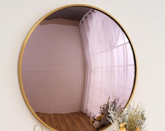 Purple Tinted Convex Mirror With Gold Frame | Handcrafted Wall Mirror | Space Age Inspired Tinted Glass Mirror | Unique Purple Mirror