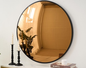 Specchio convesso in vetro dorato lavorato a mano – Cornice in metallo nero, decorazione per la casa