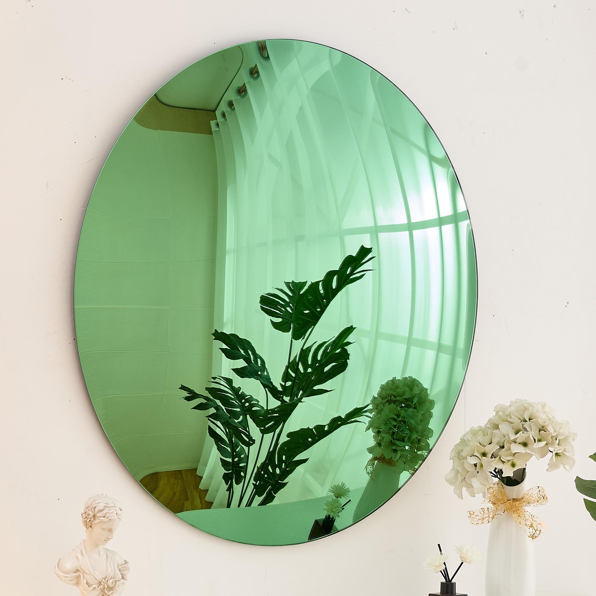 Green Tinted Convex Mirror | Handcrafted Wall Mirror | Space Age Inspired Tinted Glass Mirror Wall Decor | Unique Green Mirror Frameless