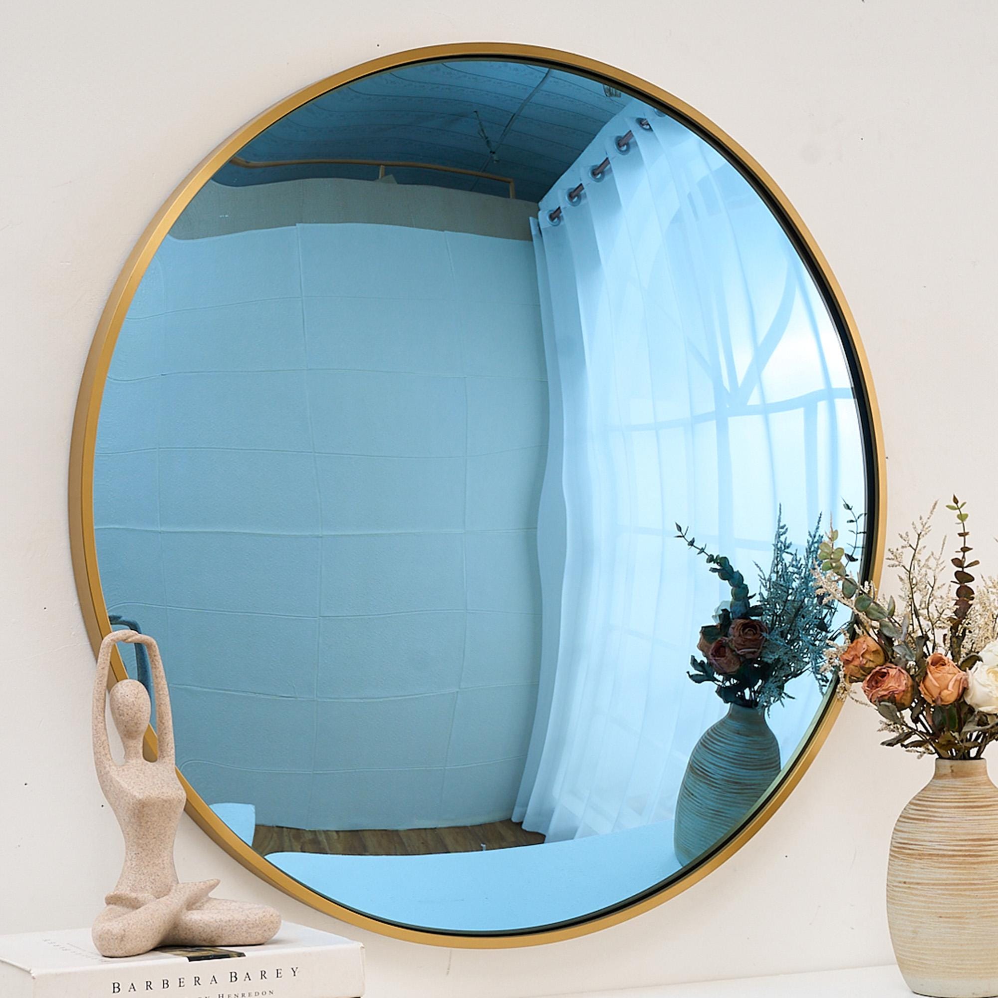 ゴールドフレームの青い凸型壁掛けミラー：スペースエイジインテリア