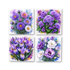Purple Flower Ceramic Tile Coasters, Set of 4