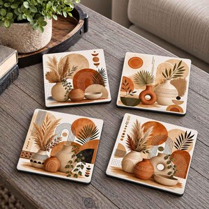 Boho Ceramic Tile Coasters, Set of 4