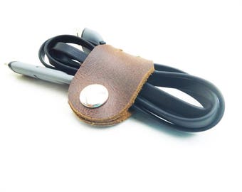 leather cord organizer leather USB cable wrap earphone organizer cord keeper headphone holder leather cord tie keeper small gifts - IN STOCK