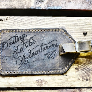 Gift for Traveler Gifts for Him for Her Leather Luggage Tag Darling Let's Be Adventurers Wedding Anniversary leather anniversary for him image 1
