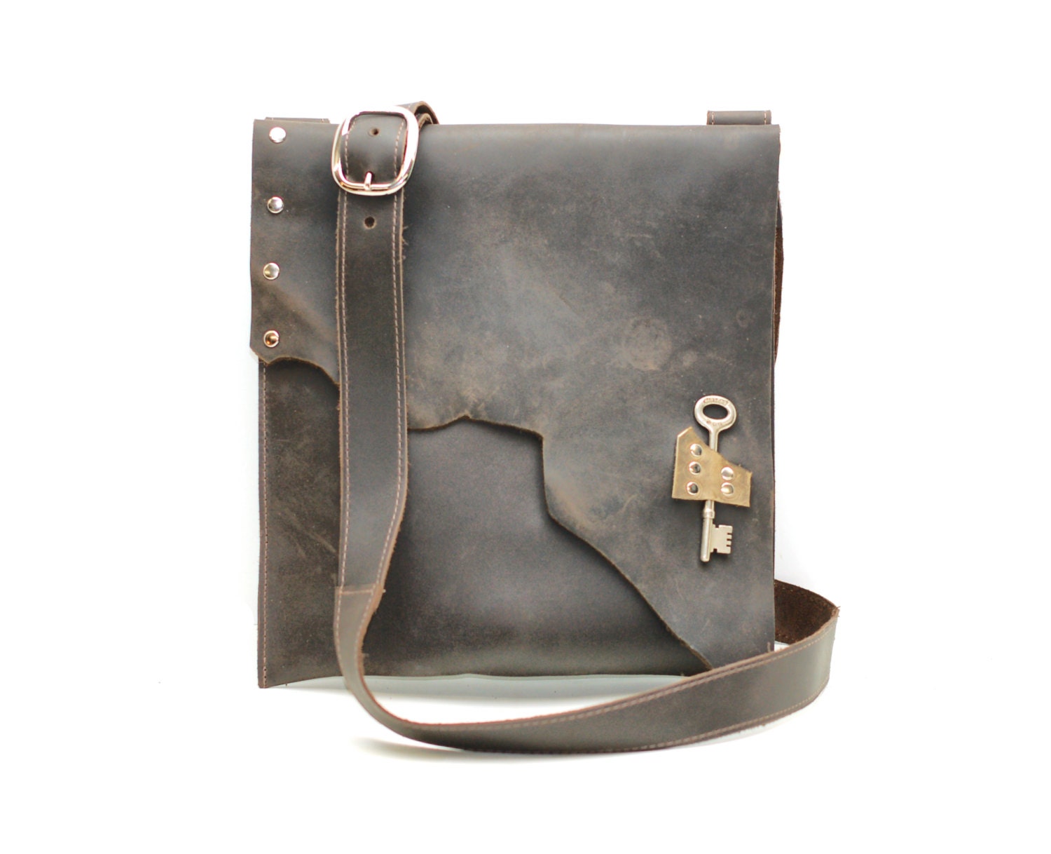 distressed brown leather satchel - urban leather cross body messenger bag - raw edge leather bag with steampunk pirate skeleton key