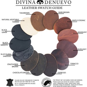 May include: Leather swatch guide featuring 10 different colours of leather: Natural Vegetable Tanned, Black Grain, Black Smooth, Black Floral Embossed, Crazyhorse Brown, Chocolate Brown, Espresso, Tobacco, Mahogany, and Burgundy.