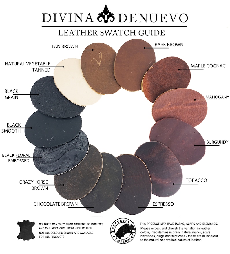 May include: Leather swatch guide featuring 10 different colours of leather: Natural Vegetable Tanned, Black Grain, Black Smooth, Black Floral Embossed, Crazyhorse Brown, Chocolate Brown, Espresso, Tobacco, Mahogany, and Burgundy.